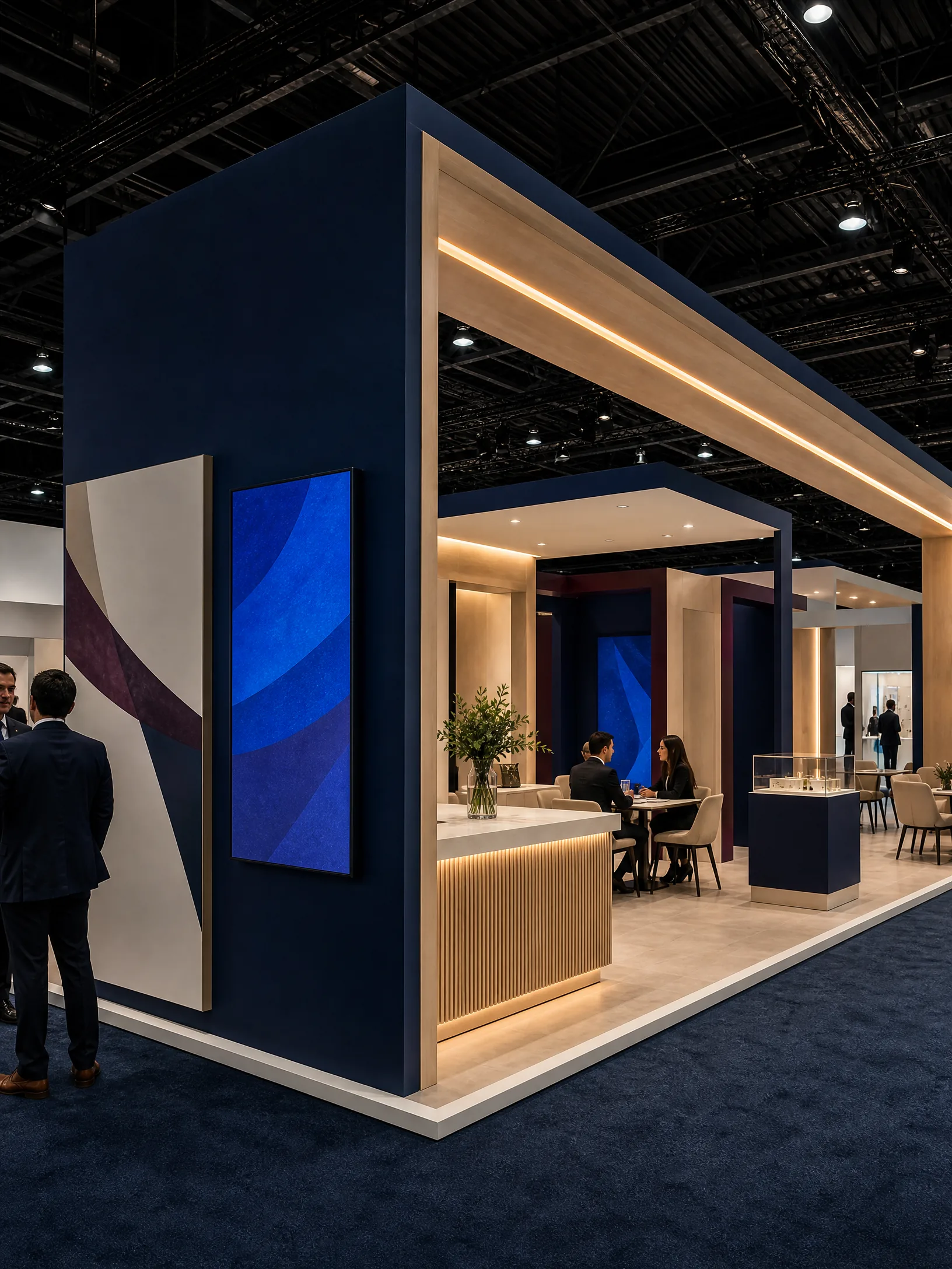 Detailed custom trade show exhibit with branded meeting and demonstration zones